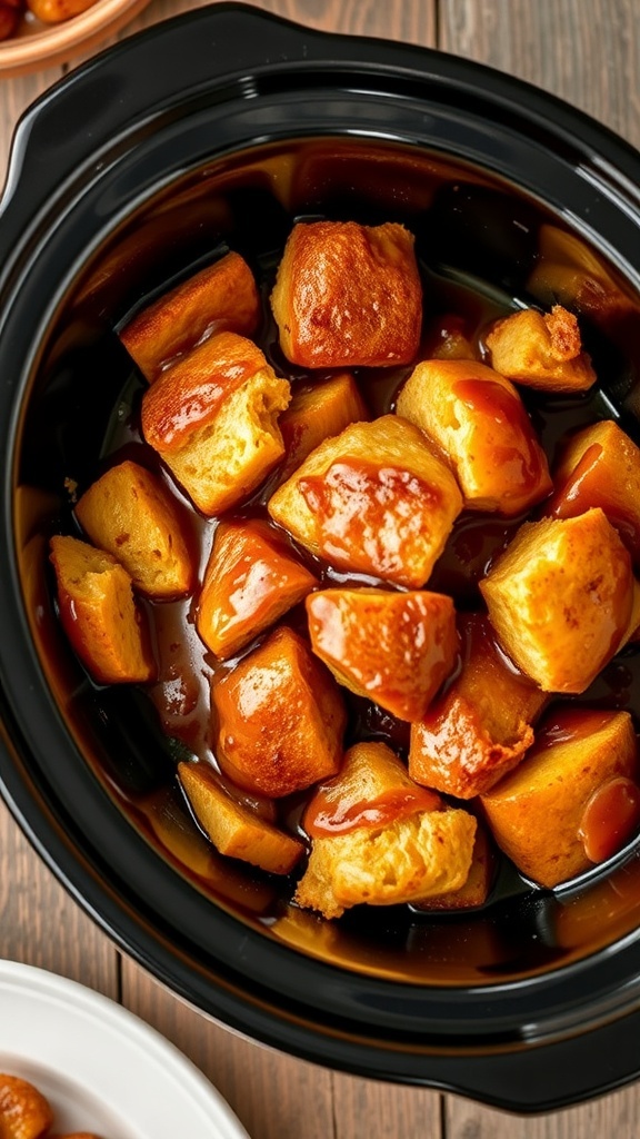 Crockpot monkey bread with golden-brown pieces, drizzled with cinnamon glaze, on a rustic table.